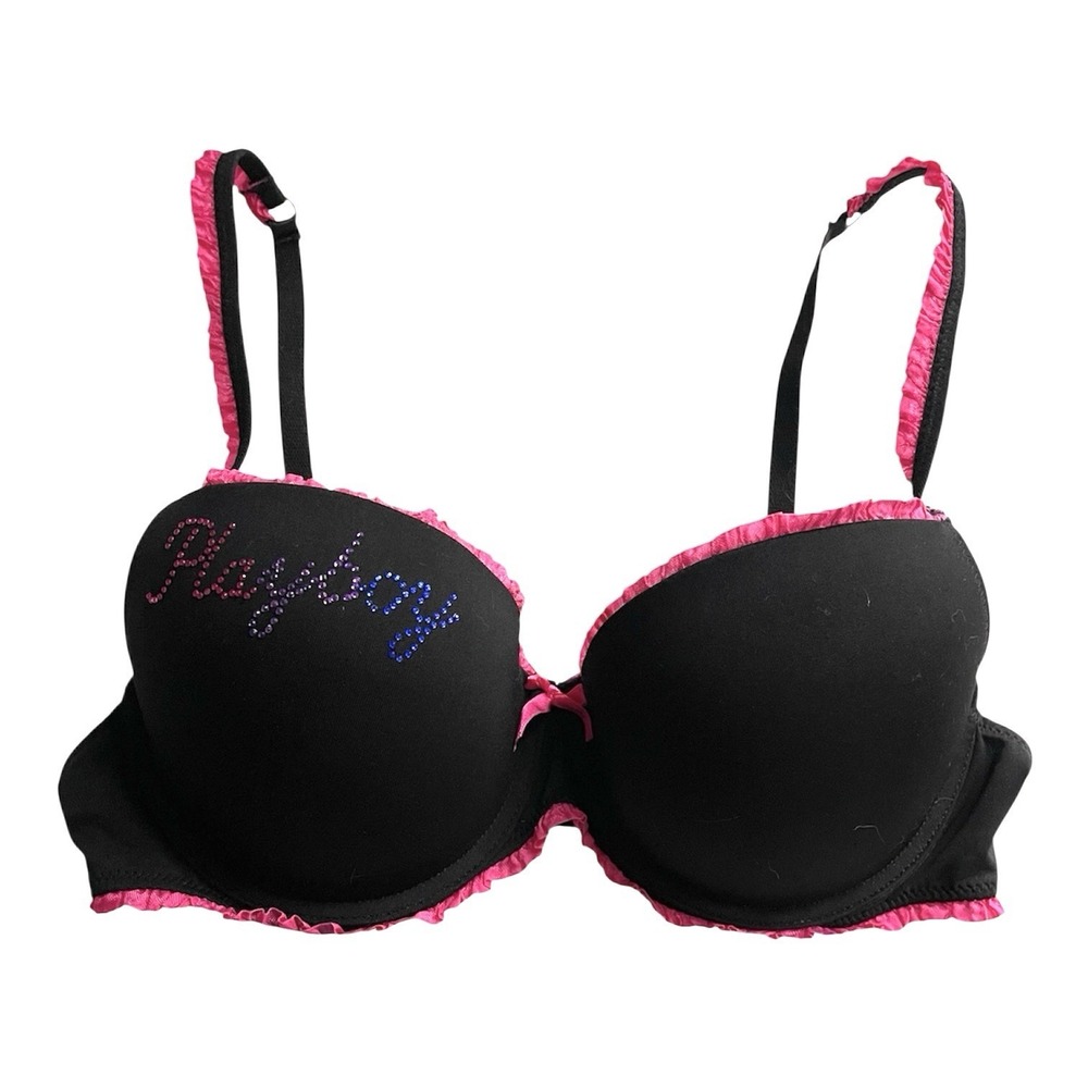 Y2k Playboy Intimates Underwire Black Pink Push Up Bra Ruffle‎ Spell out Sz 36C